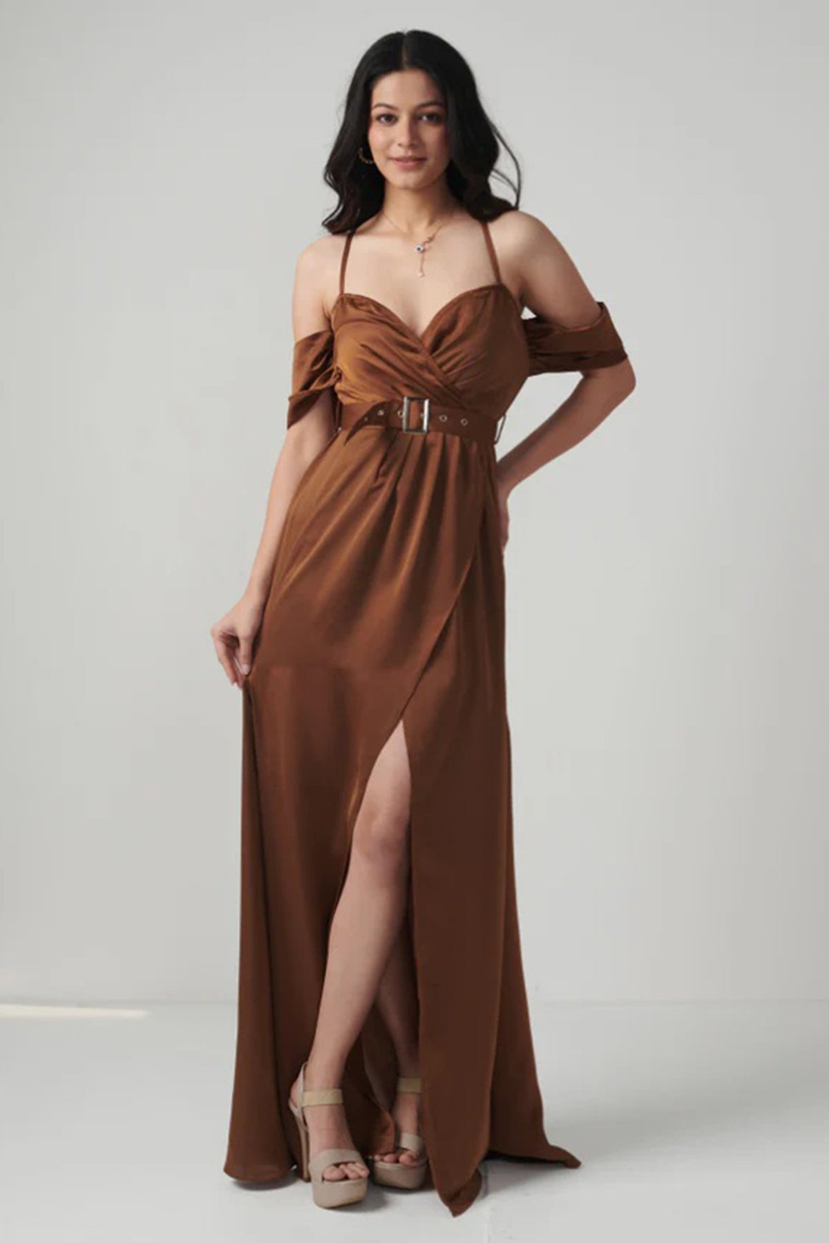 Buy Golden Caramel Satin Slit Dress for women online available at ScrollnShops